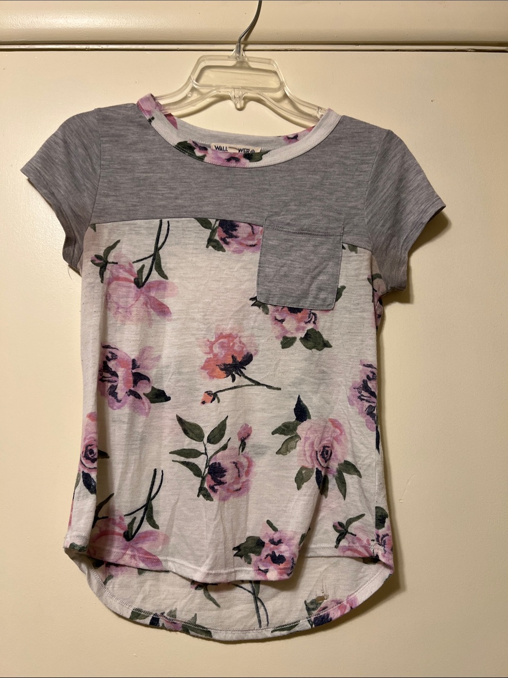 Wallflower Gray Yoke Pink Floral Pocket Tee